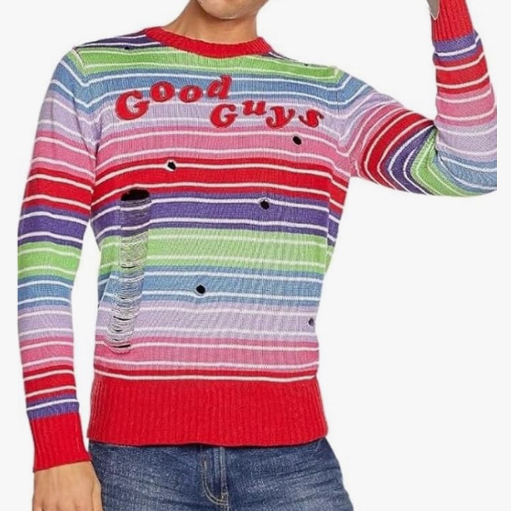 Chucky Franchise "Good Guys" Striped Distressed Sweater Hit Movie Horror Size S